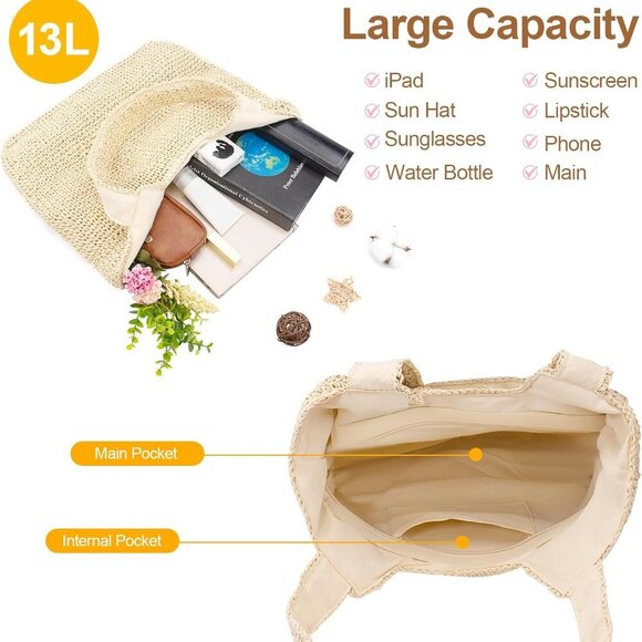 Women Beach Bag Boho Straw Tote Large Leak-Proof Lining Travel Purse - Picture 2 of 7